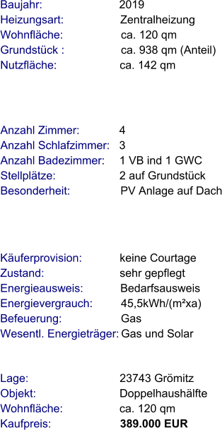 Lage:                             23743 Grömitz Objekt:                           Doppelhaushälfte Wohnfläche:                  ca. 120 qm Kaufpreis:                      389.000 EUR Anzahl Zimmer:            4 Anzahl Schlafzimmer:   3  Anzahl Badezimmer:     1 VB ind 1 GWC   Stellplätze:                     2 auf Grundstück Besonderheit:                PV Anlage auf Dach Baujahr:                        2019  Heizungsart:                  Zentralheizung Wohnfläche:                  ca. 120 qm Grundstück :                  ca. 938 qm (Anteil) Nutzfläche:                    ca. 142 qm   Käuferprovision:            keine Courtage Zustand:                        sehr gepflegt Energieausweis:            Bedarfsausweis Energievergrauch:         45,5kWh/(m²xa) Befeuerung:                   Gas Wesentl. Energieträger: Gas und Solar